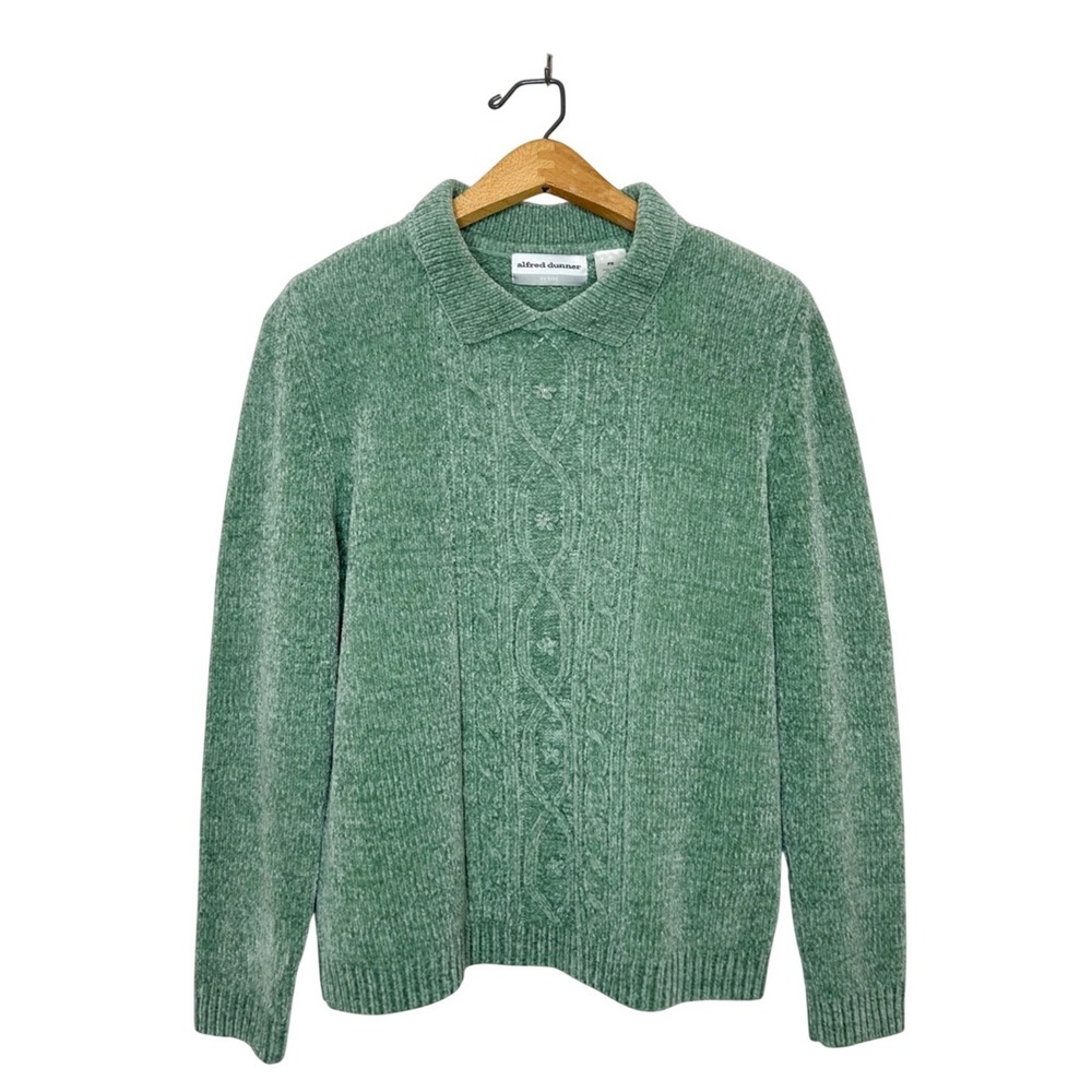 Vintage Alfred Dunner Embellished Green Chenille Knit Collared Sweater‎ Petite S